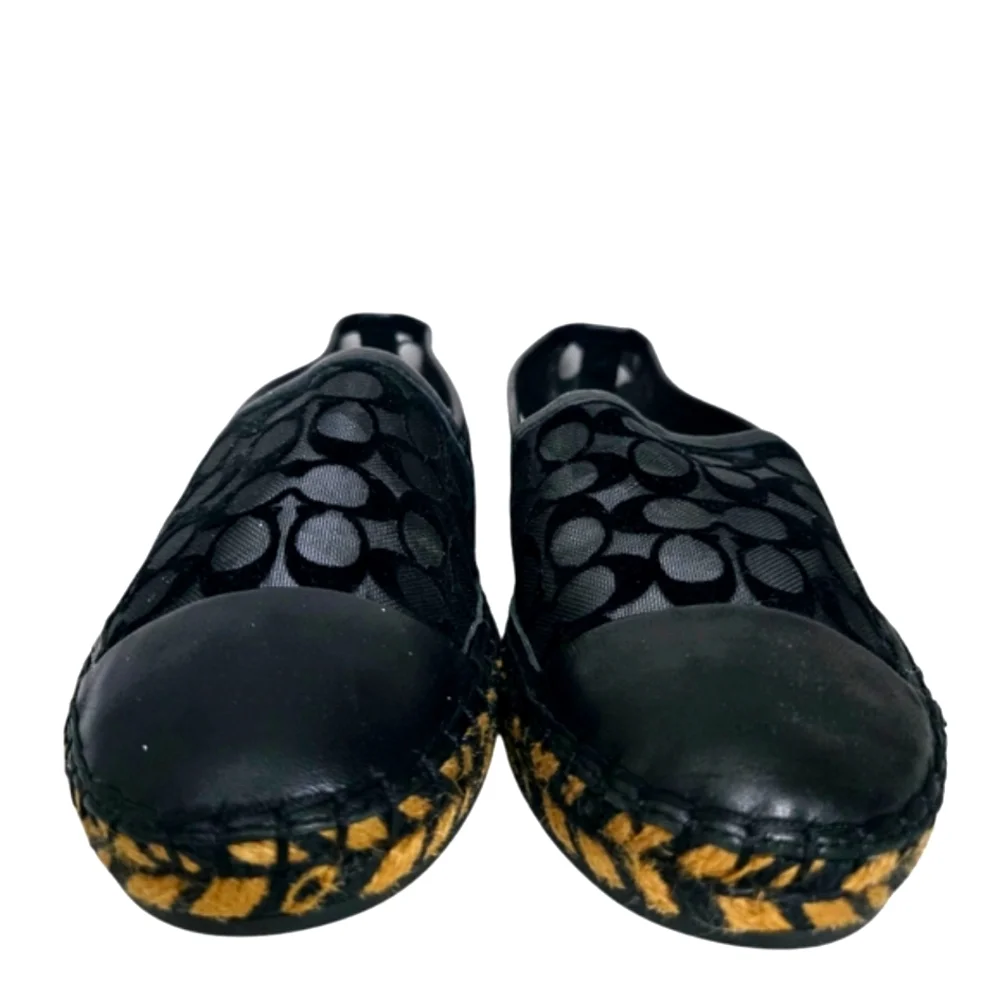 Coach Cleo Black Logo Round Leather Cap Toe Mesh Slip-On‎ Espadrilles